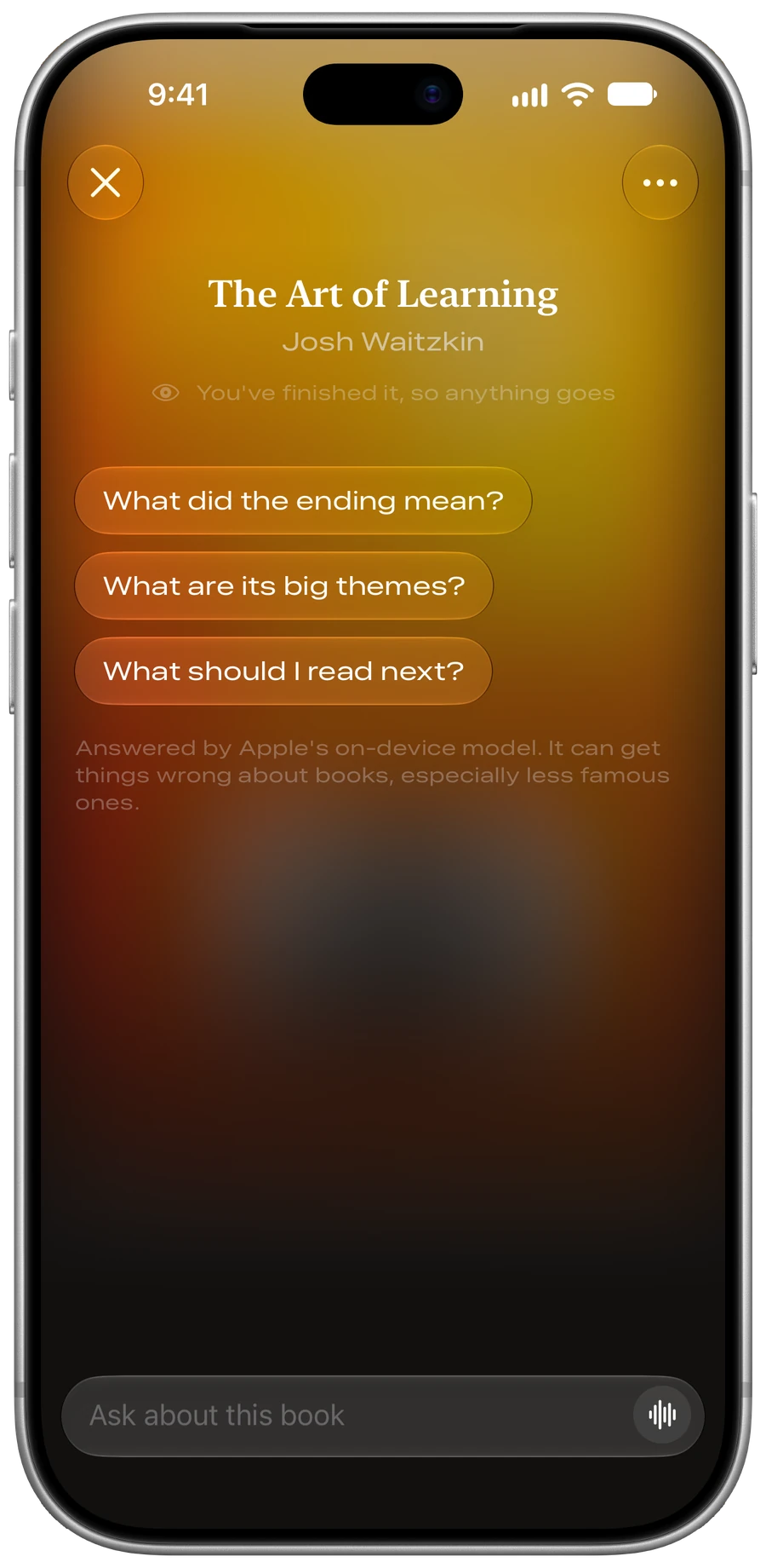 The Ask about this book screen for The Art of Learning, with suggested questions and a note that answers come from the on-device model.