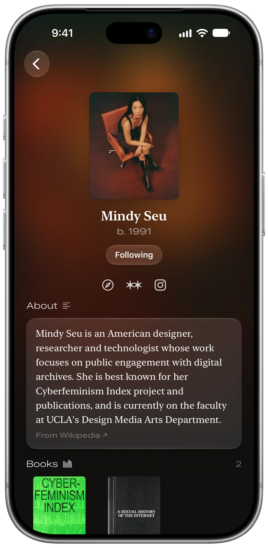 An author's page with their photo, a Follow button, links, a short bio and their books.