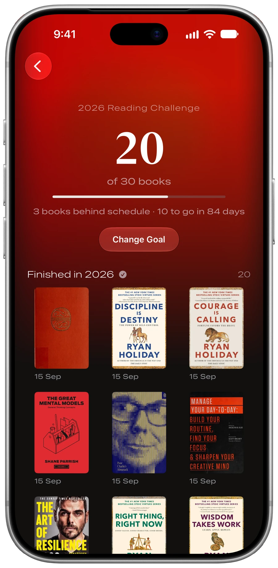 A 2026 Reading Challenge page: 20 of 30 books read, a progress bar, and the books finished this year.
