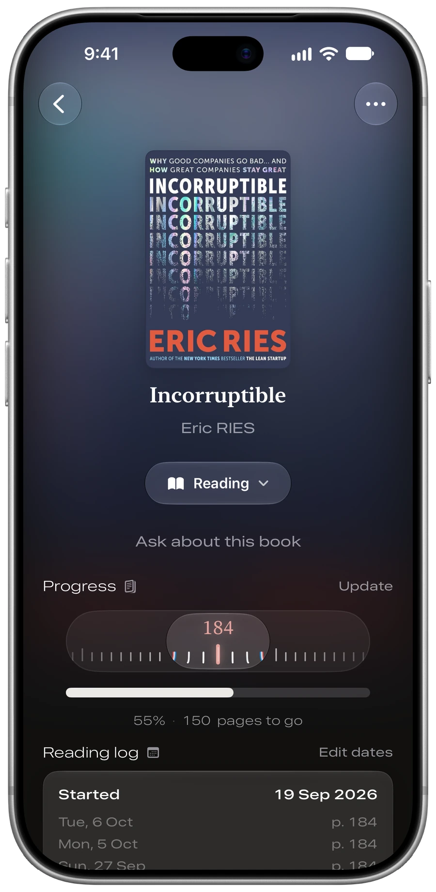 A book's page with a dial for setting the page you're on, and the reading log below it.
