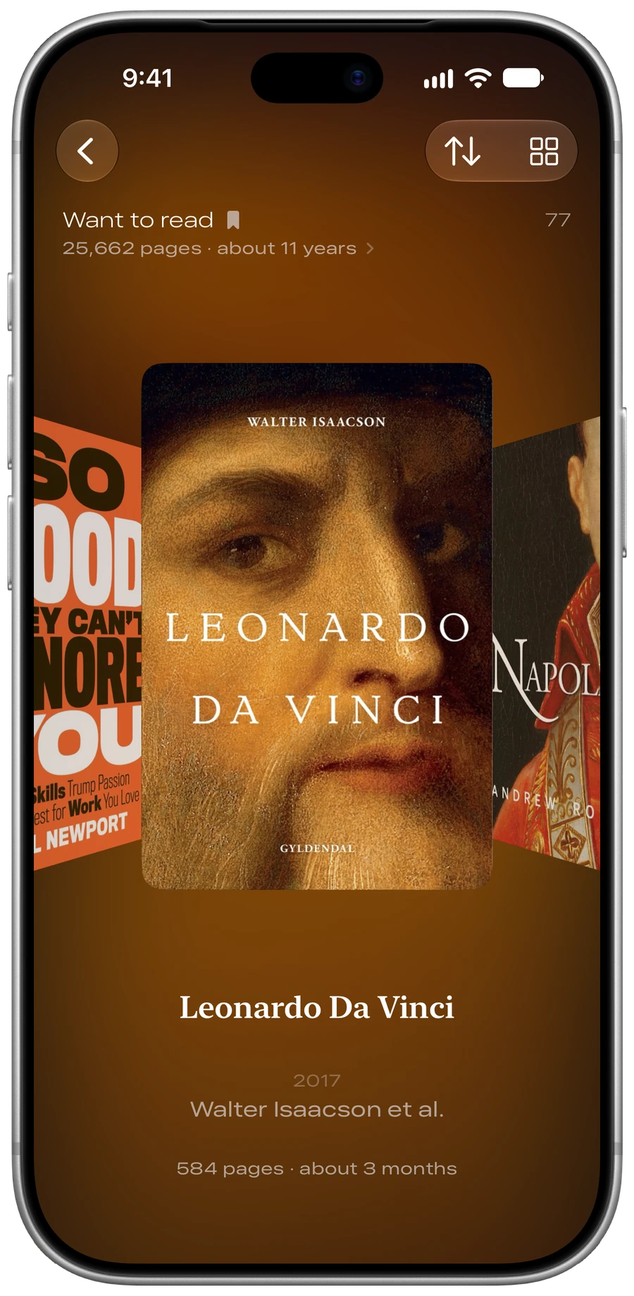 A Want to read shelf as a Cover Flow, Leonardo da Vinci in front, with how long the shelf would take to read.